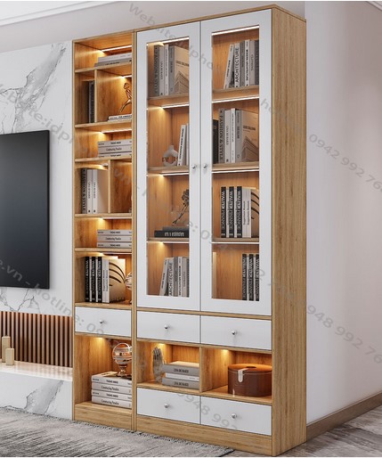 Tủ sách lắp đèn led bằng gỗ cánh kính KSG113